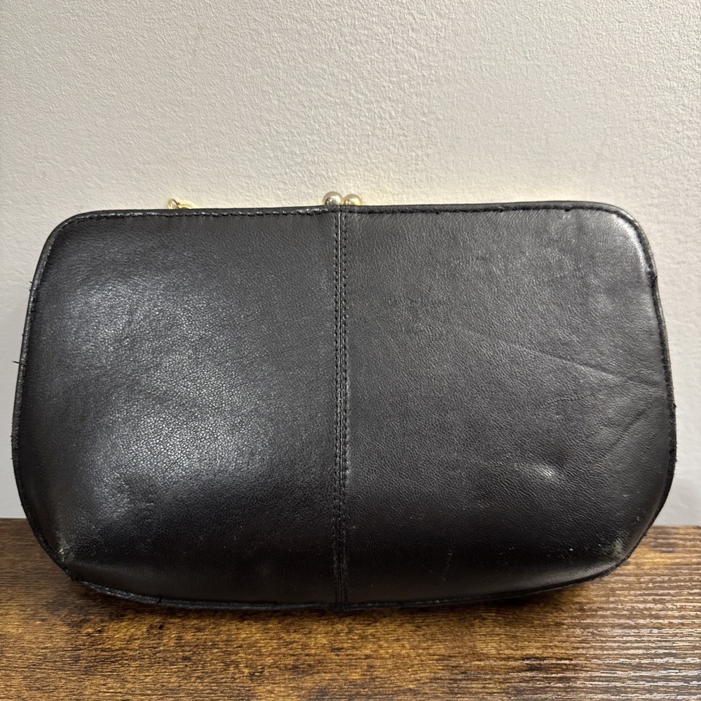 Naturalizer Black Leather Vintage Frame Bag Kiss Lock Clutch Crossbody Gold Tone